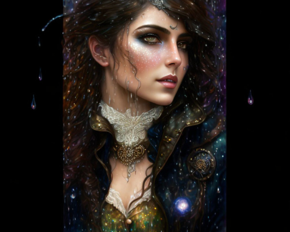 Digital artwork: Woman with sparkling skin and intricate jewelry on cosmic background with raindrops