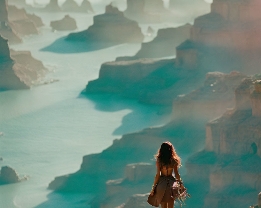 Person admires canyon with layered rocks and river from cliff