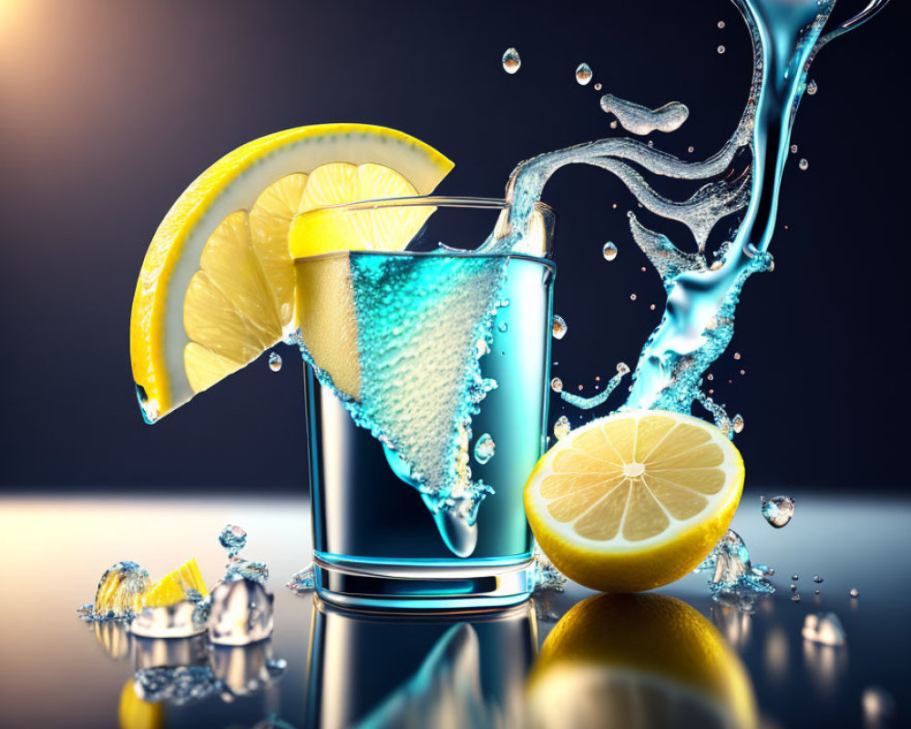 Refreshing glass of water with lemon slices and splash on dark background