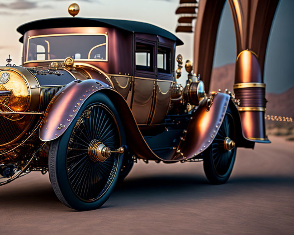 Vintage Car with Brass Accents in Desert Setting with Futuristic Arches