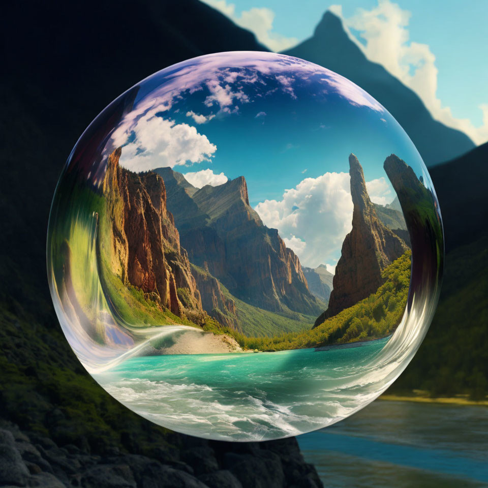 Surreal image of pristine bubble reflecting vivid landscape