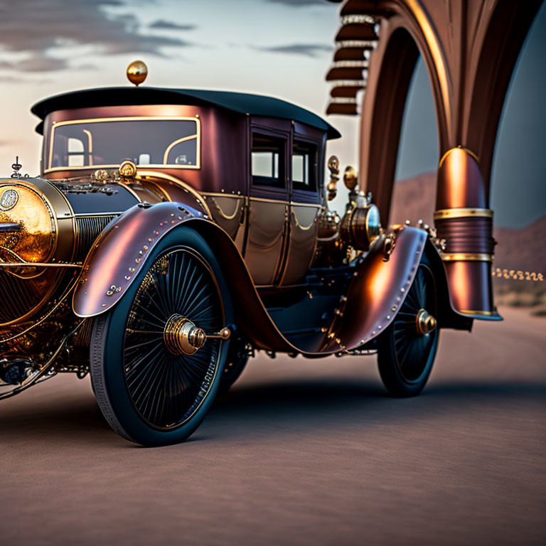 Vintage Car with Brass Accents in Desert Setting with Futuristic Arches