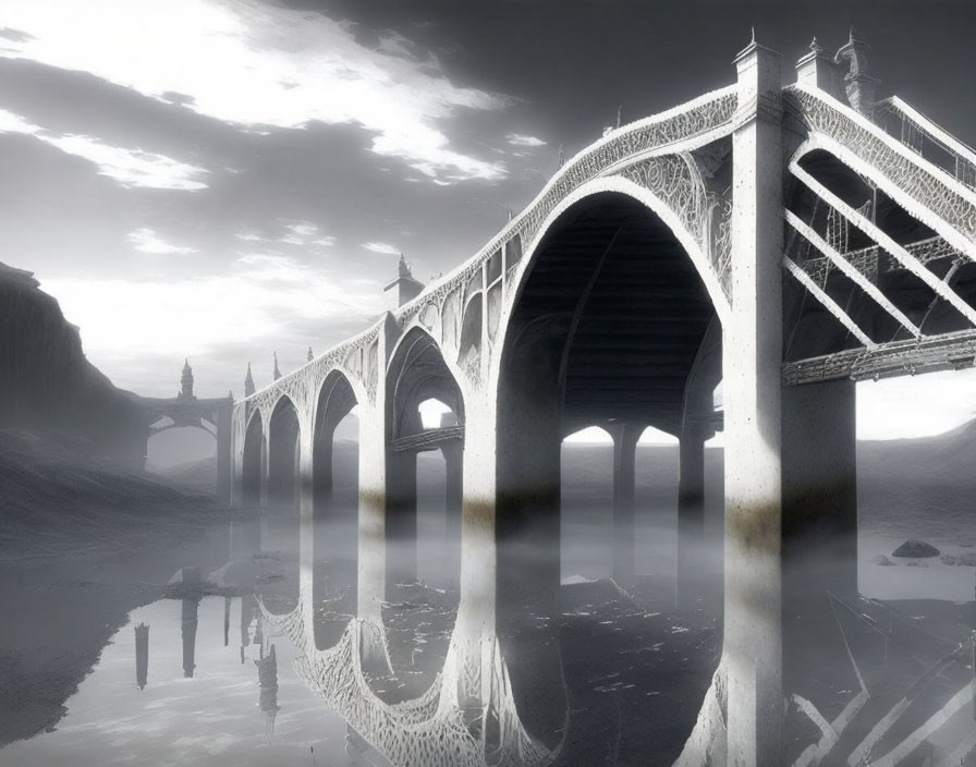 Monochromatic misty landscape with ornate bridge and mountains