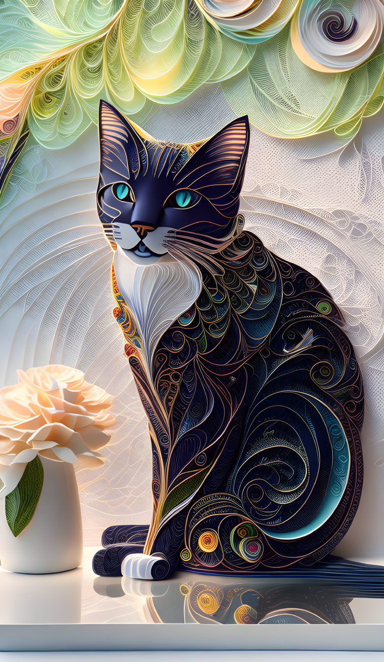 Intricate digital artwork featuring stylized cat and white rose vase