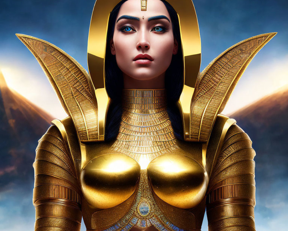 Digital artwork of woman as Egyptian goddess with golden attire against sky with pyramids