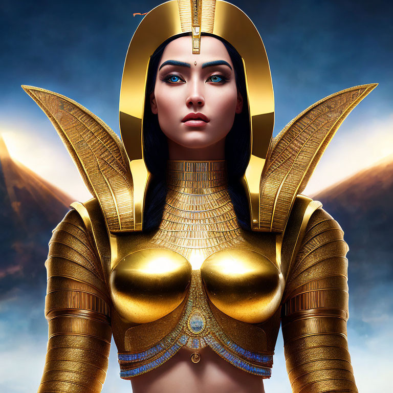 Digital artwork of woman as Egyptian goddess with golden attire against sky with pyramids