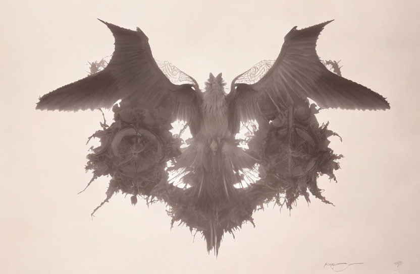 Symmetrical sepia image of ornate phoenix bird with wide-spread wings