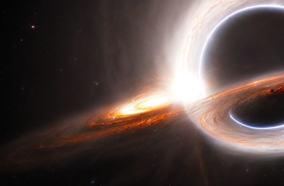 Vibrant sci-fi artwork: ringed planet and galaxy in bright celestial scene