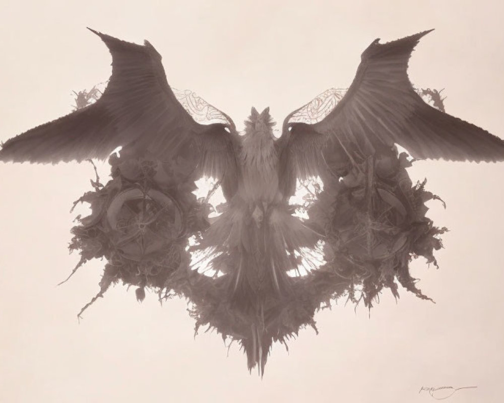 Symmetrical sepia image of ornate phoenix bird with wide-spread wings