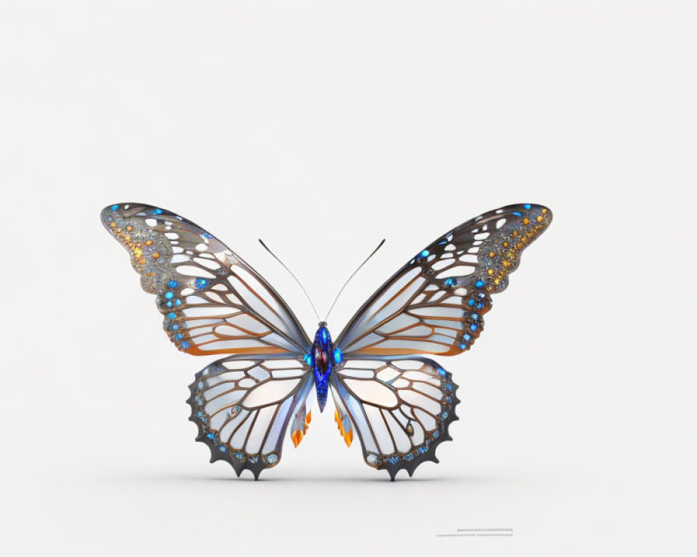 Stylized butterfly with translucent wings and jewel-like patterns on white background