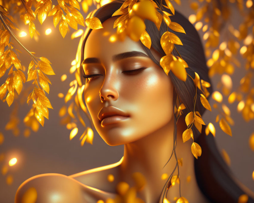 Golden-skinned woman surrounded by luminous leaves on warm backdrop