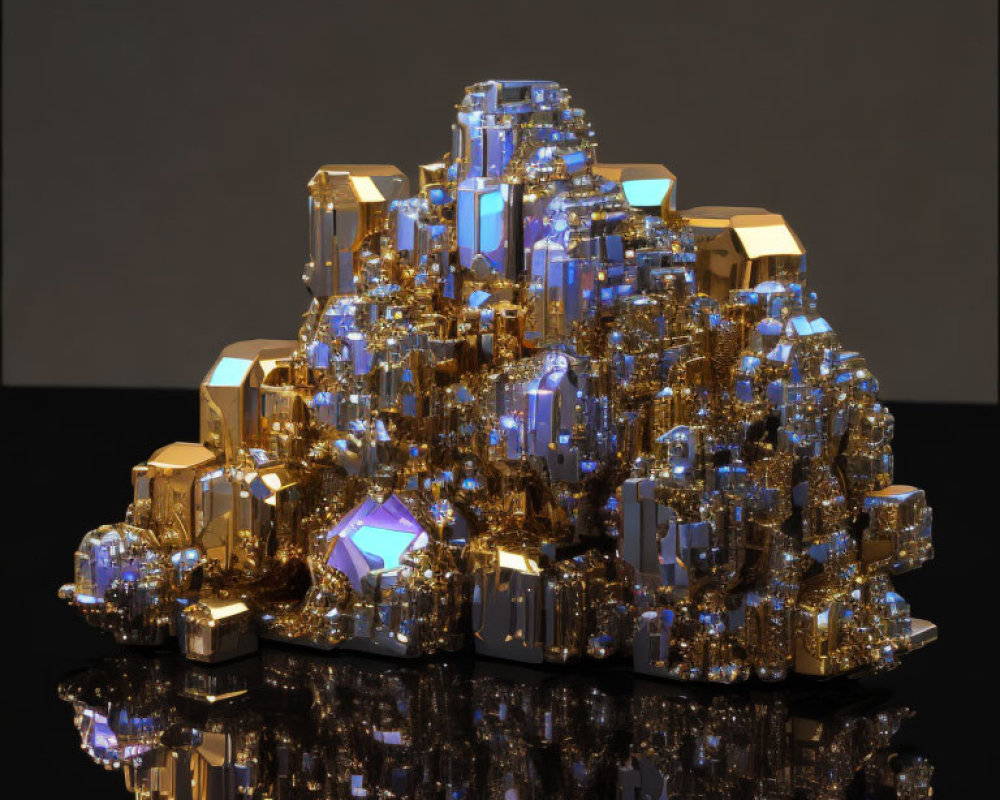 Shiny gold and blue crystal structures on reflective black surface