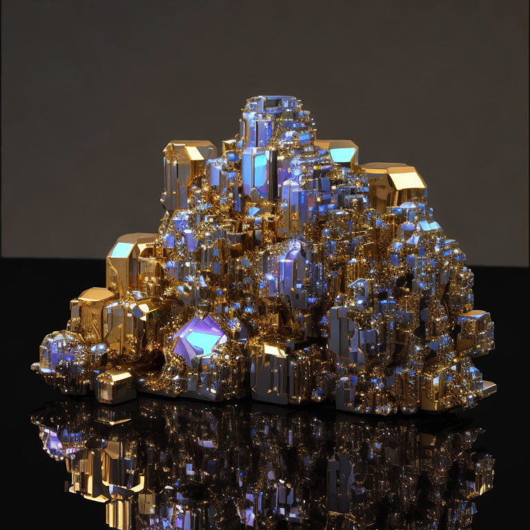 Shiny gold and blue crystal structures on reflective black surface