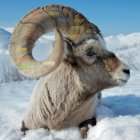 Digital Artwork: Majestic Ram with Spiraling Horns in Snowy Mountain Scene