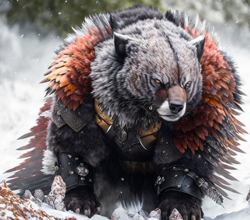 Bear-like Fantasy Creature with Avian Features and Armor in Snowy Landscape