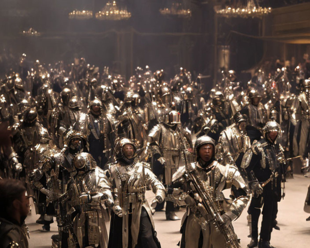 Group of Performers in Shiny Metallic Costumes Marching with Instruments