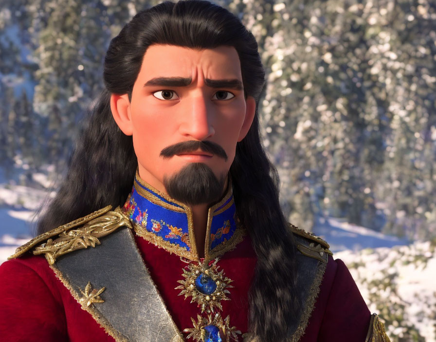 Detailed 3D animated male character in red and gold military uniform on snowy backdrop