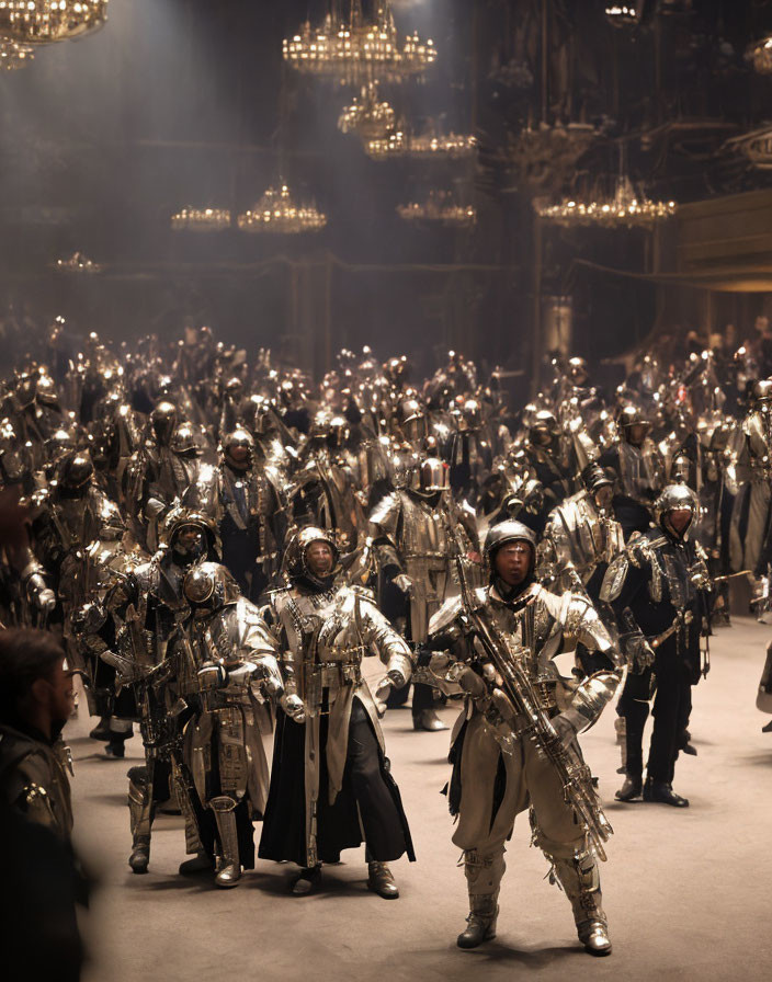 Group of Performers in Shiny Metallic Costumes Marching with Instruments