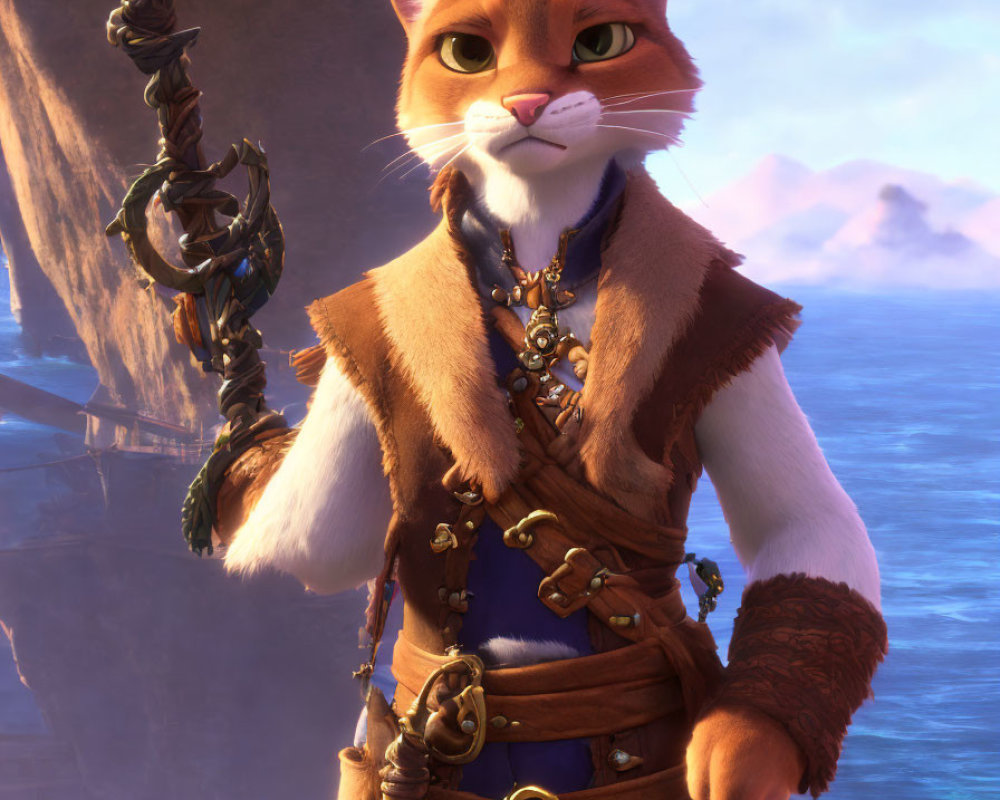 Anthropomorphic cat in heroic pose with vest, belt, and medallions