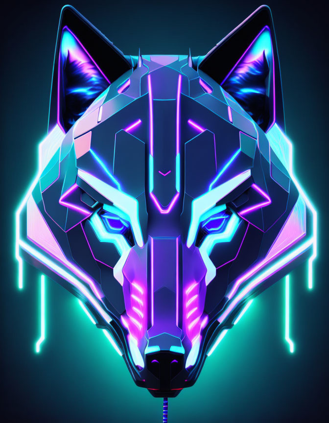 Cybernetic wolf head digital artwork with neon colors