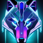 Cybernetic wolf head digital artwork with neon colors