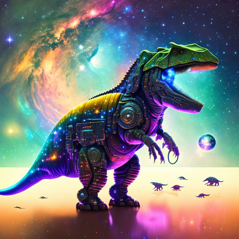 Colorful digital artwork: Mechanical T-Rex in cosmic scene