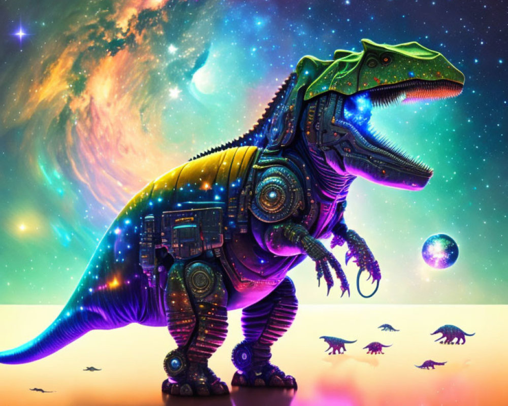 Colorful digital artwork: Mechanical T-Rex in cosmic scene