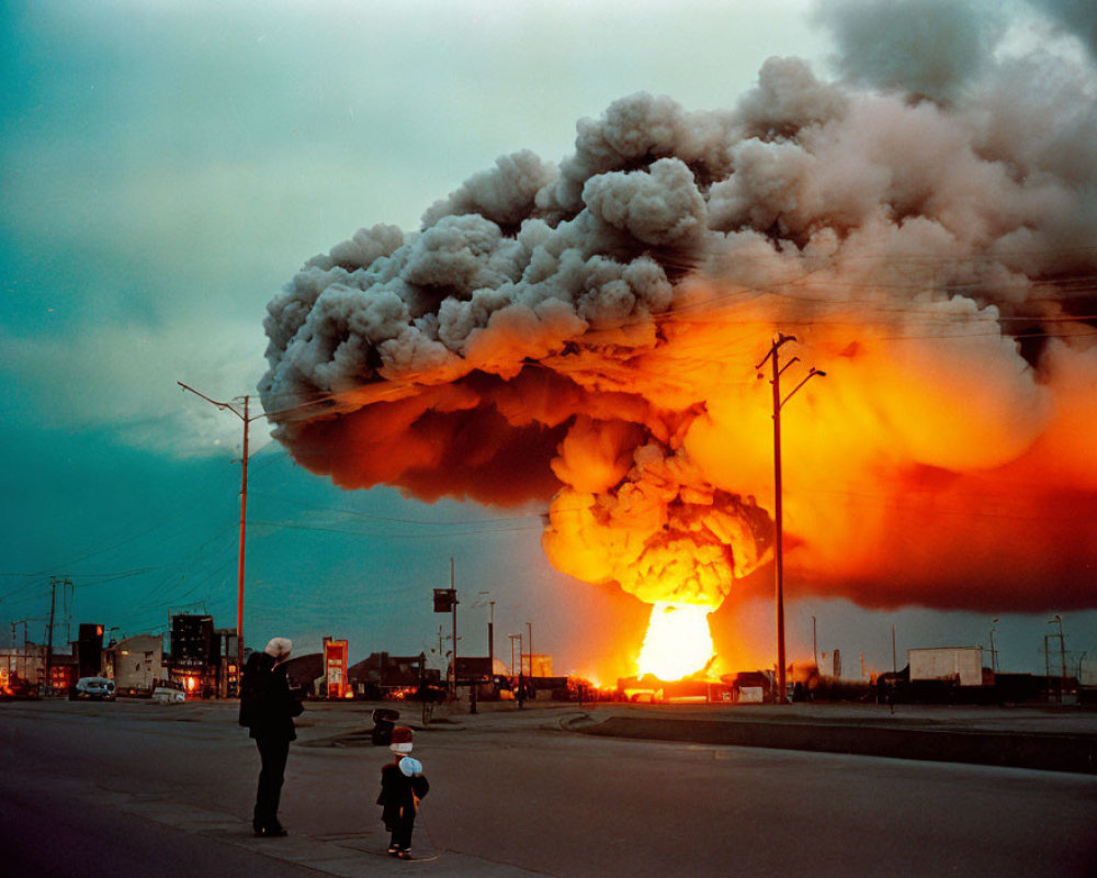 Massive fireball and smoke in distance observed by man and child at dusk