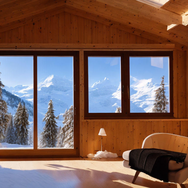 Rustic wooden interior with panoramic mountain view