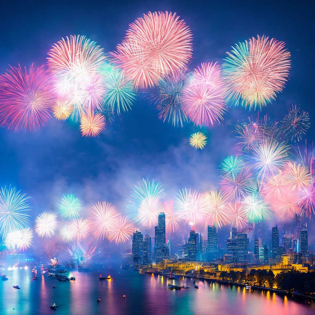 Colorful fireworks illuminate city skyline at night above river