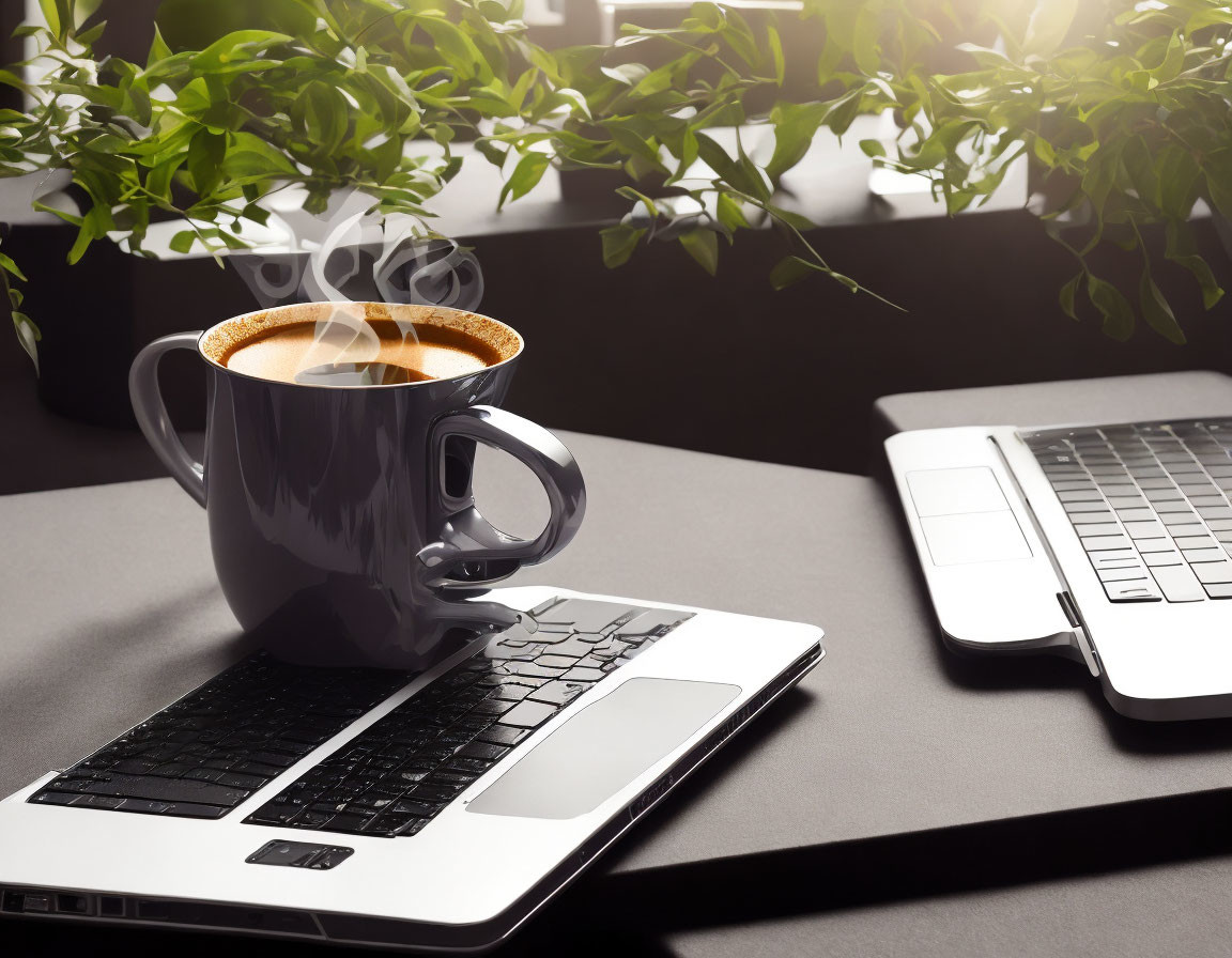 Steaming coffee mug and laptop on well-lit workspace with plants