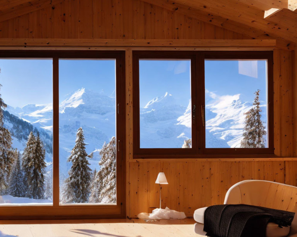 Rustic wooden interior with panoramic mountain view