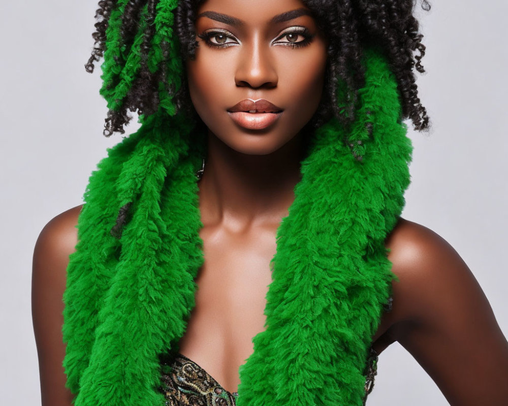 Dark Curly-Haired Woman in Green Scarf and Patterned Top on Neutral Background