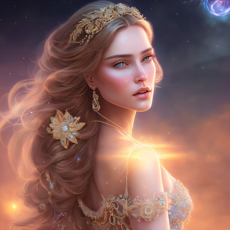 Digital portrait of woman with flowing hair, golden jewelry, tiara, twilight sky, distant planet