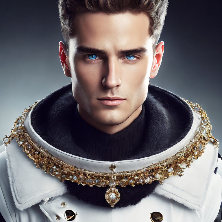 Man with Blue Eyes in White Military Jacket with Gold Collar