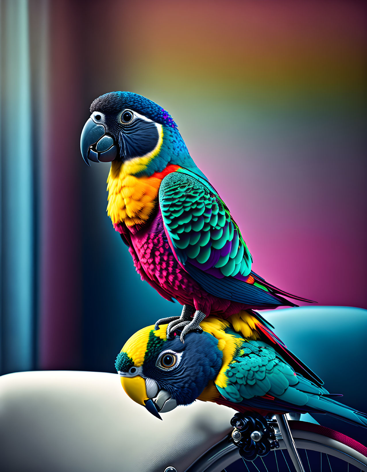 Colorful Parrots Digital Artwork with Exaggerated Plumage on Multi-Colored Background