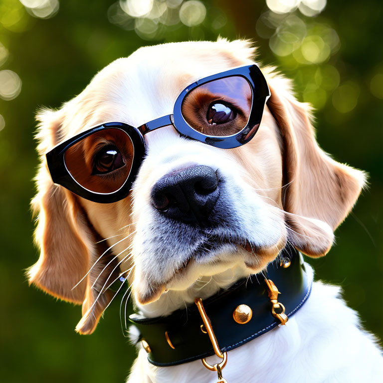 Light-Colored Dog in Sunglasses with Studded Collar on Green Background