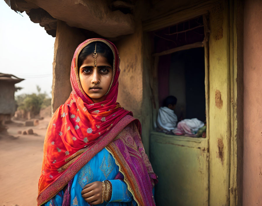 Young girl in traditional attire with red shawl in front of rustic doorway.