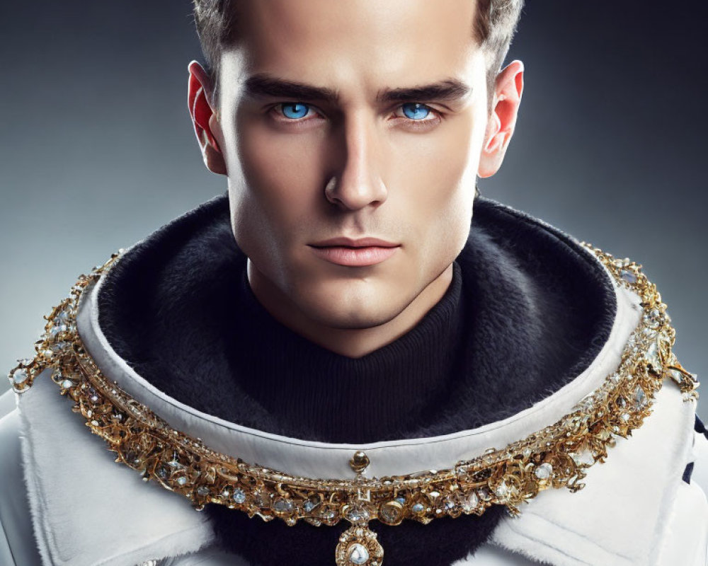 Man with Blue Eyes in White Military Jacket with Gold Collar