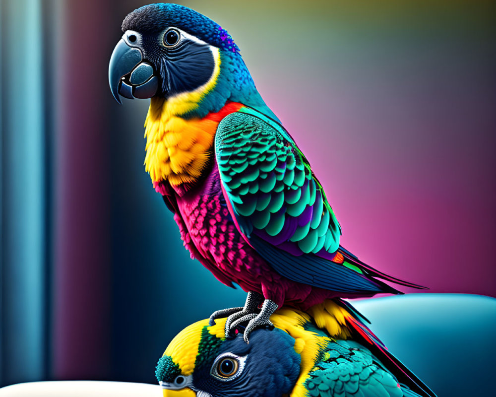 Colorful Parrots Digital Artwork with Exaggerated Plumage on Multi-Colored Background