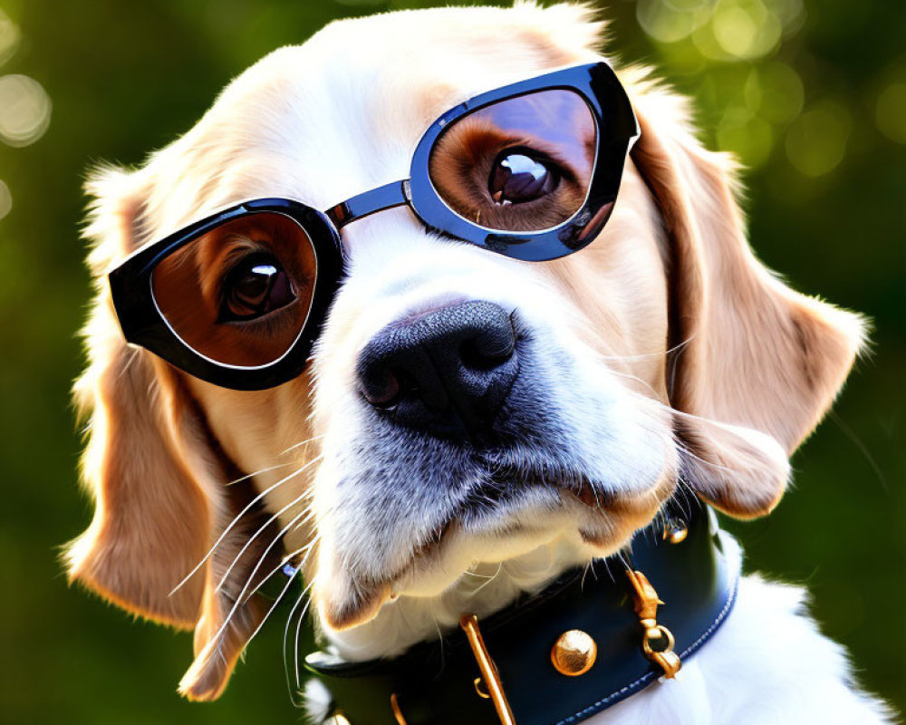 Light-Colored Dog in Sunglasses with Studded Collar on Green Background