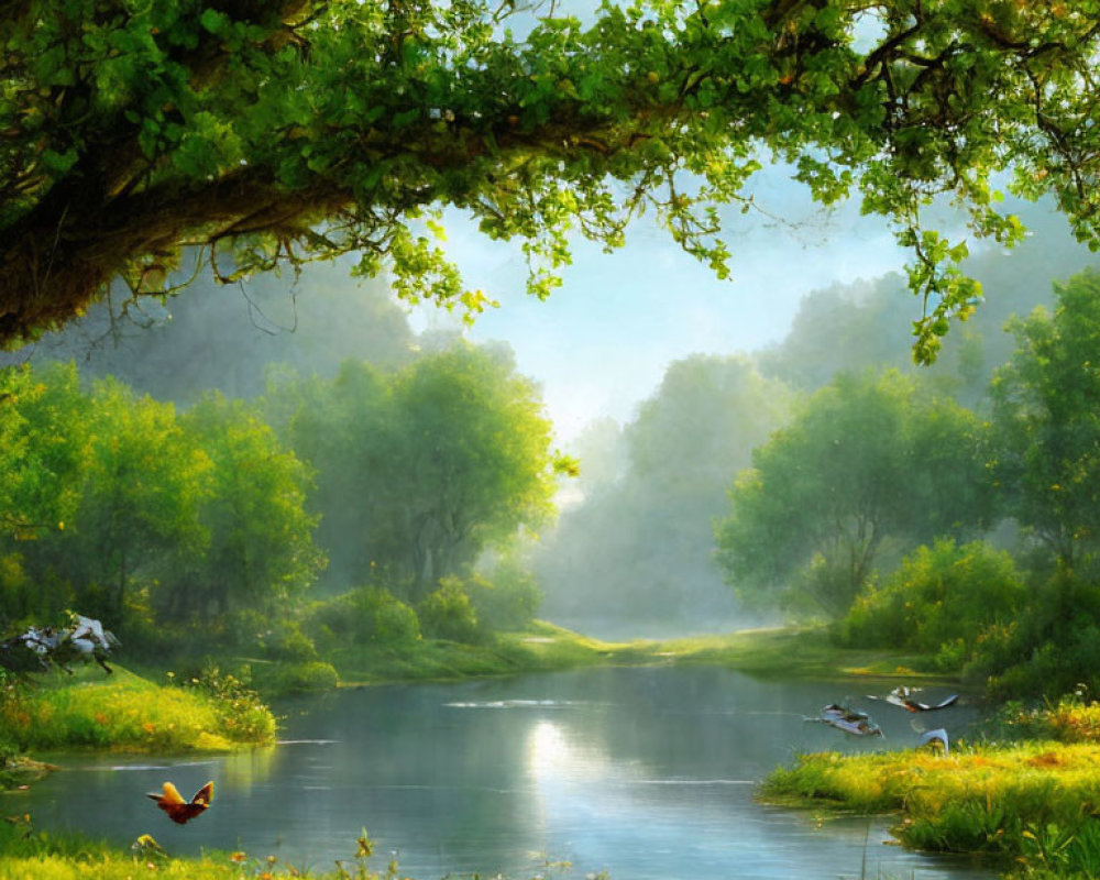 Tranquil River Landscape with Lush Trees and Morning Mist