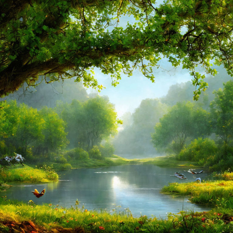 Tranquil River Landscape with Lush Trees and Morning Mist