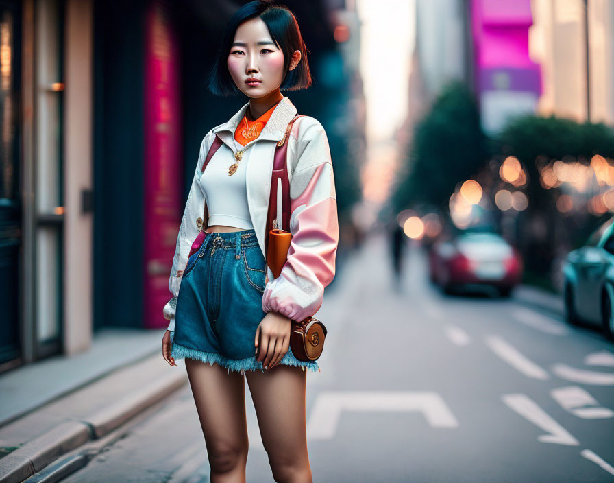 Fashionable young woman in denim skirt and colorful top on city street at twilight