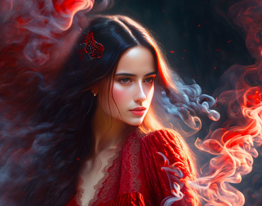 Portrait of woman with long dark hair in red dress amid swirling red and white smoke