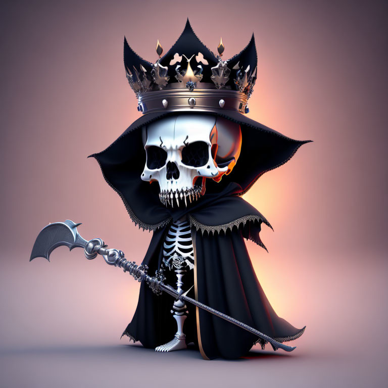 Skeleton in Black Cloak with Scepter and Crown on Soft Background