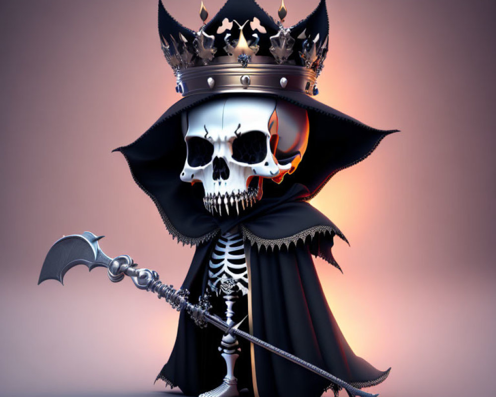 Skeleton in Black Cloak with Scepter and Crown on Soft Background