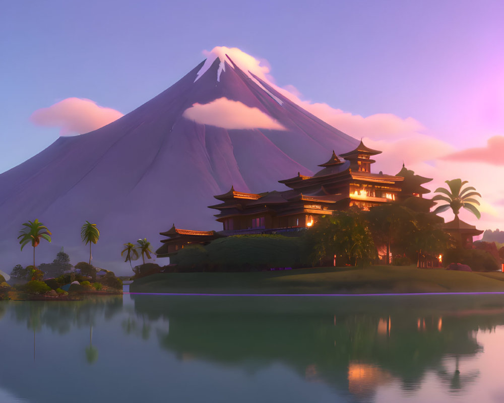 Traditional Asian architecture by calm lake with snow-capped mountain at sunrise or sunset