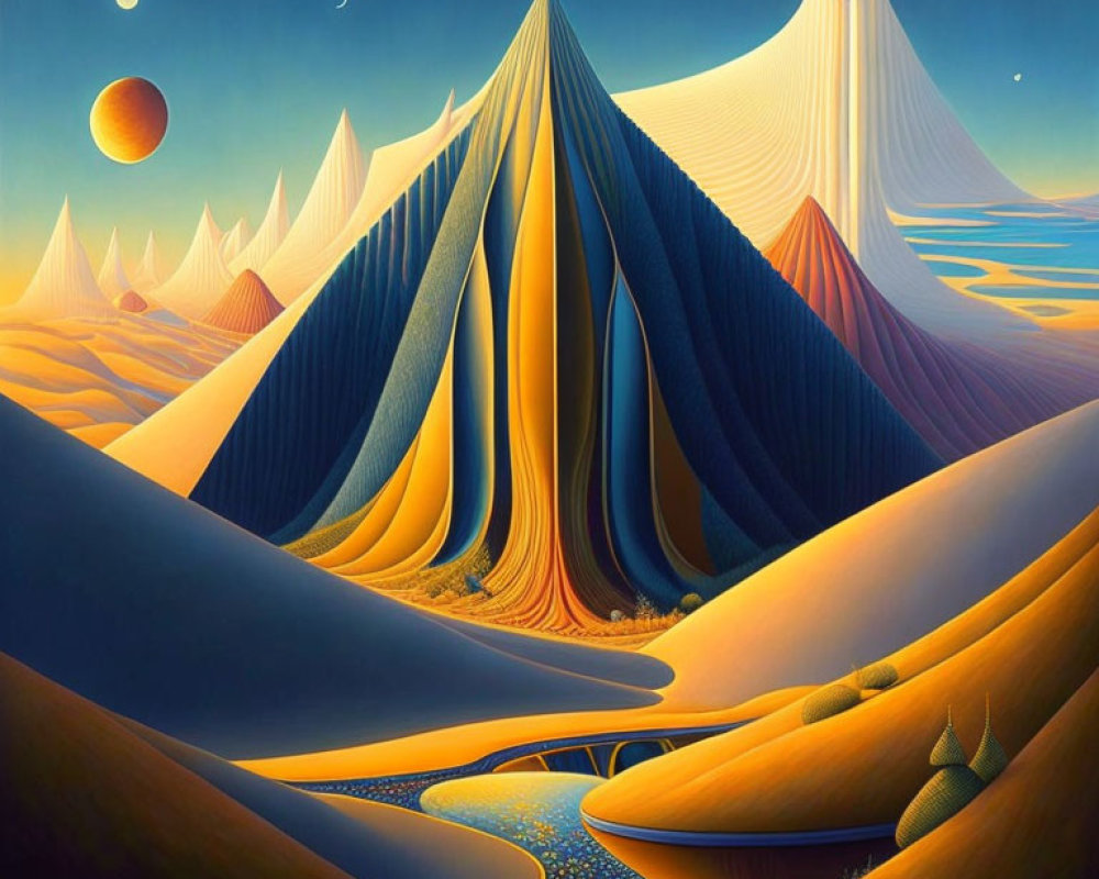 Surreal landscape with flowing peaks, river, sun, and moon