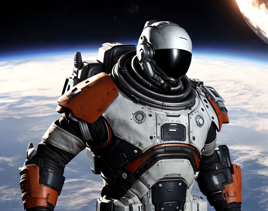 Detailed spacesuit-clad astronaut floating against Earth's horizon in space